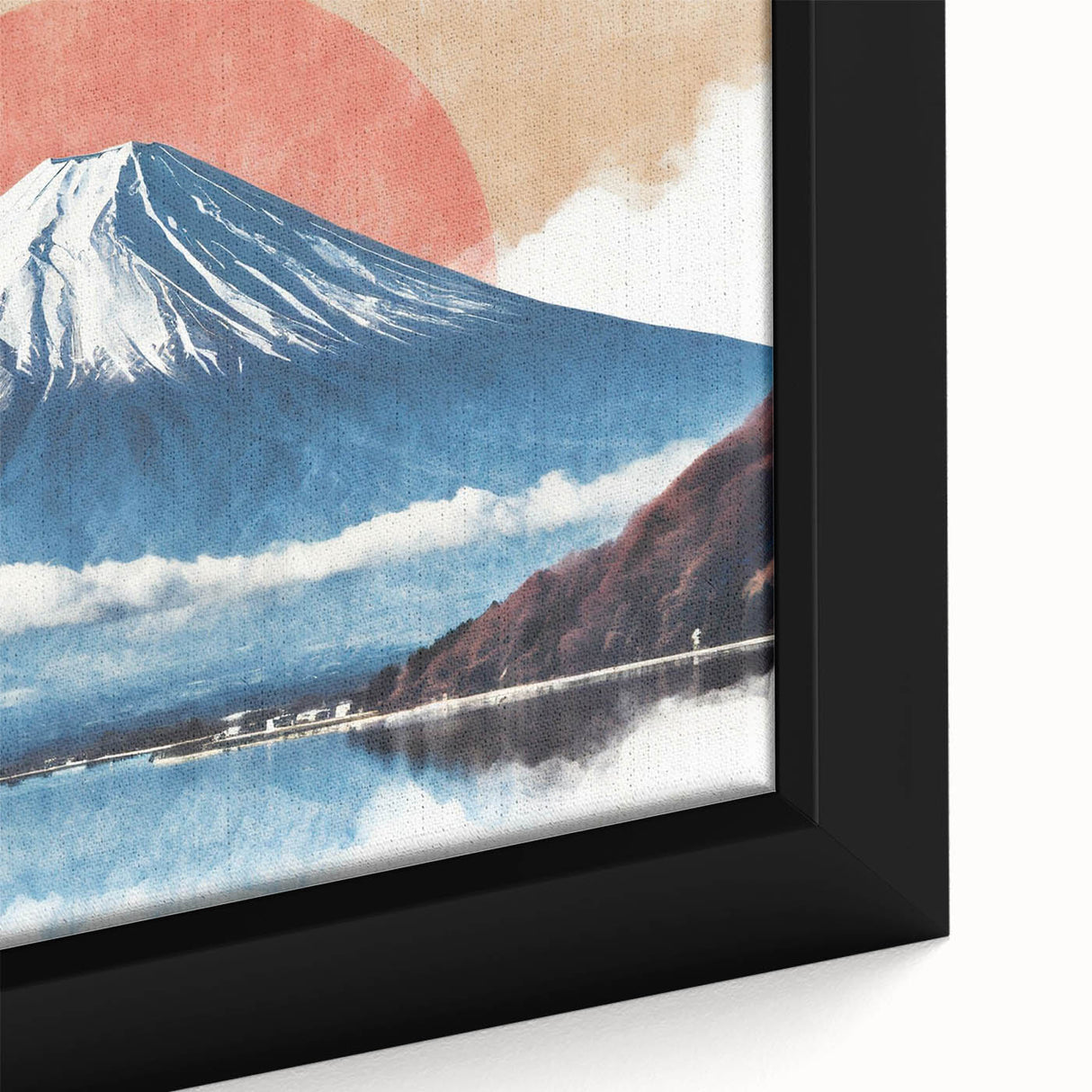 Extra large framed canvas of Mount Fuji with textured black and colorful art, ideal for living room decor.