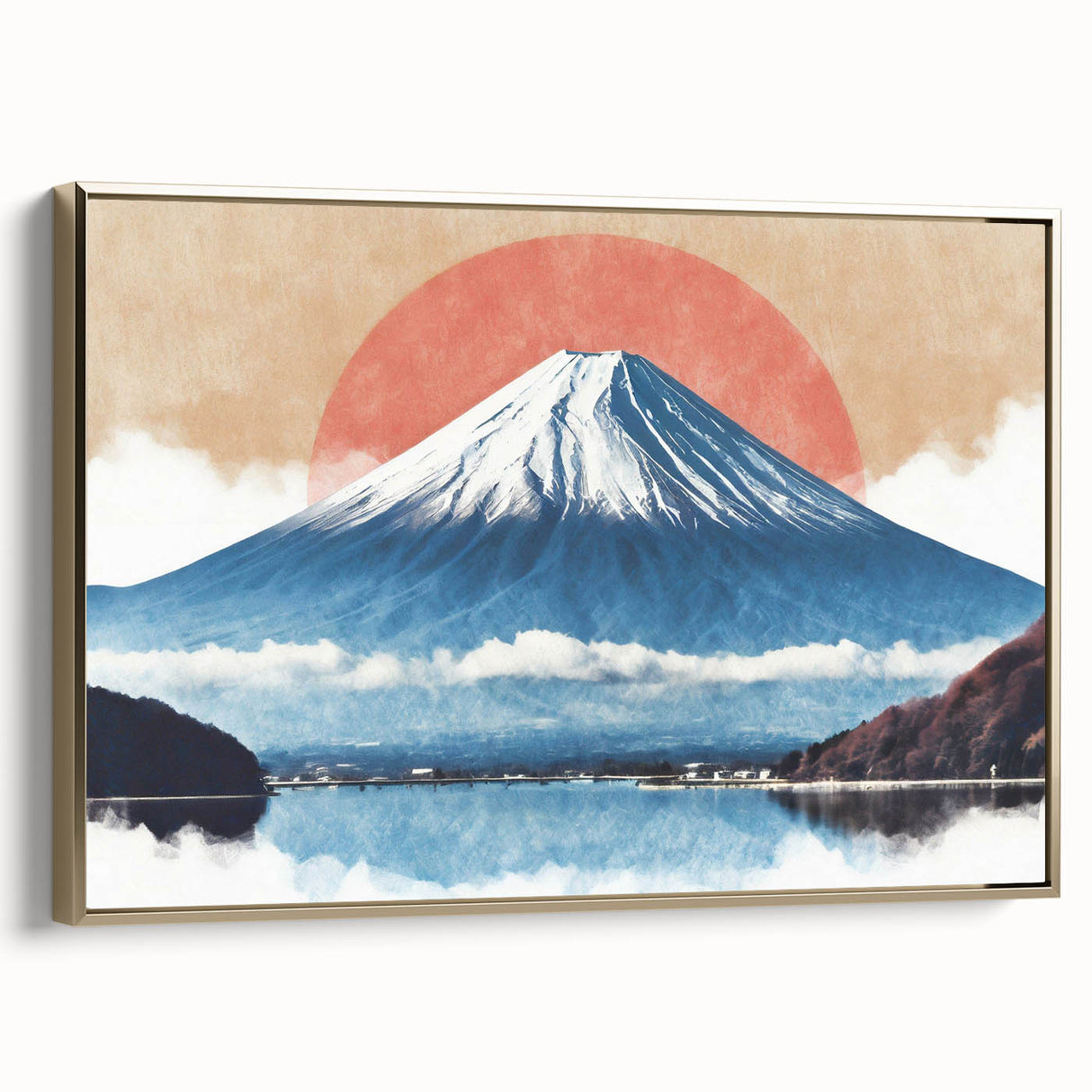 Framed canvas featuring a vintage-style landscape of Mount Fuji with muted gold and black tones, ideal for bedroom wall art.