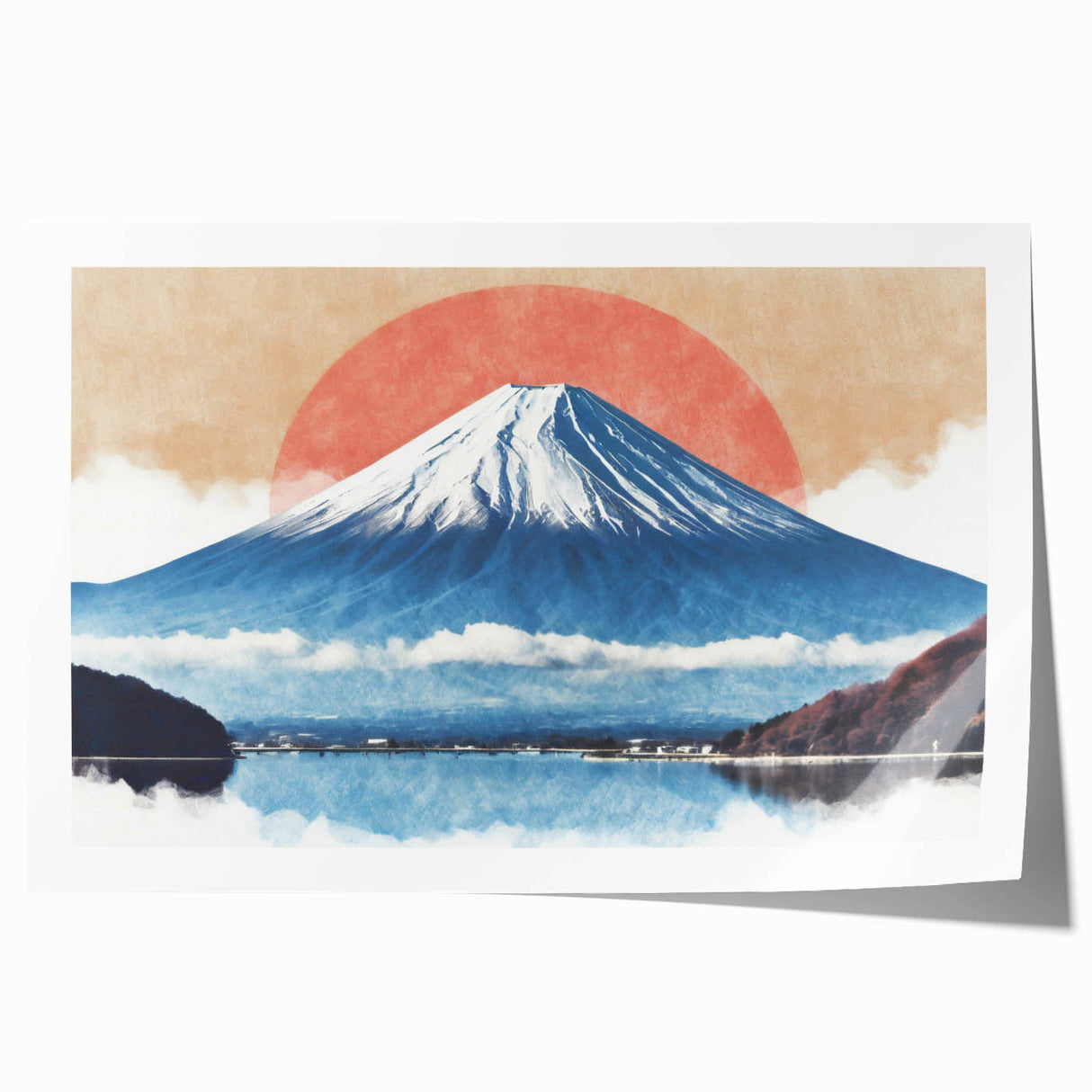 Rolled print of Mount Fuji with cherry blossoms in pastel shades, ideal for art wall dining room.