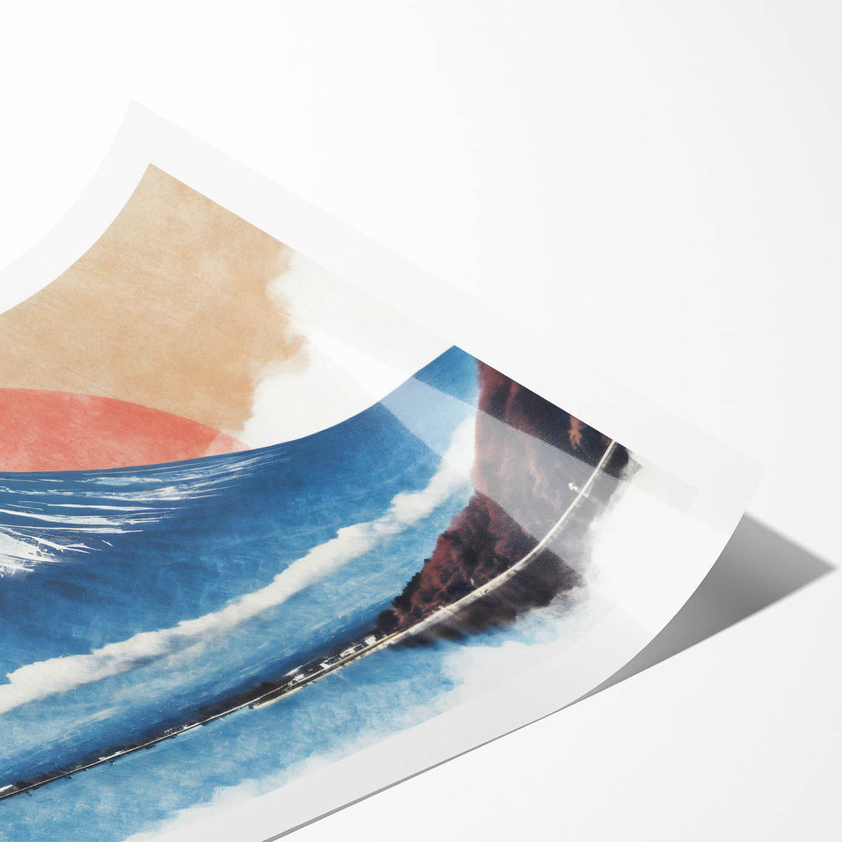 Extra large wall art featuring Mount Fuji with line art flowers in muted colors, ideal for large living room decor.