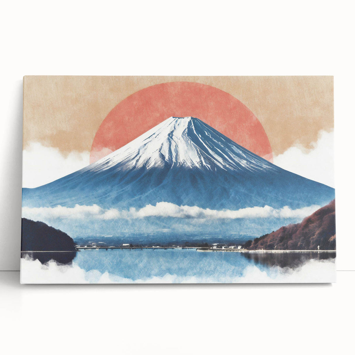Black and white image of Mount Fuji on a large stretched canvas, ideal for kitchen wall art or bedroom decor.