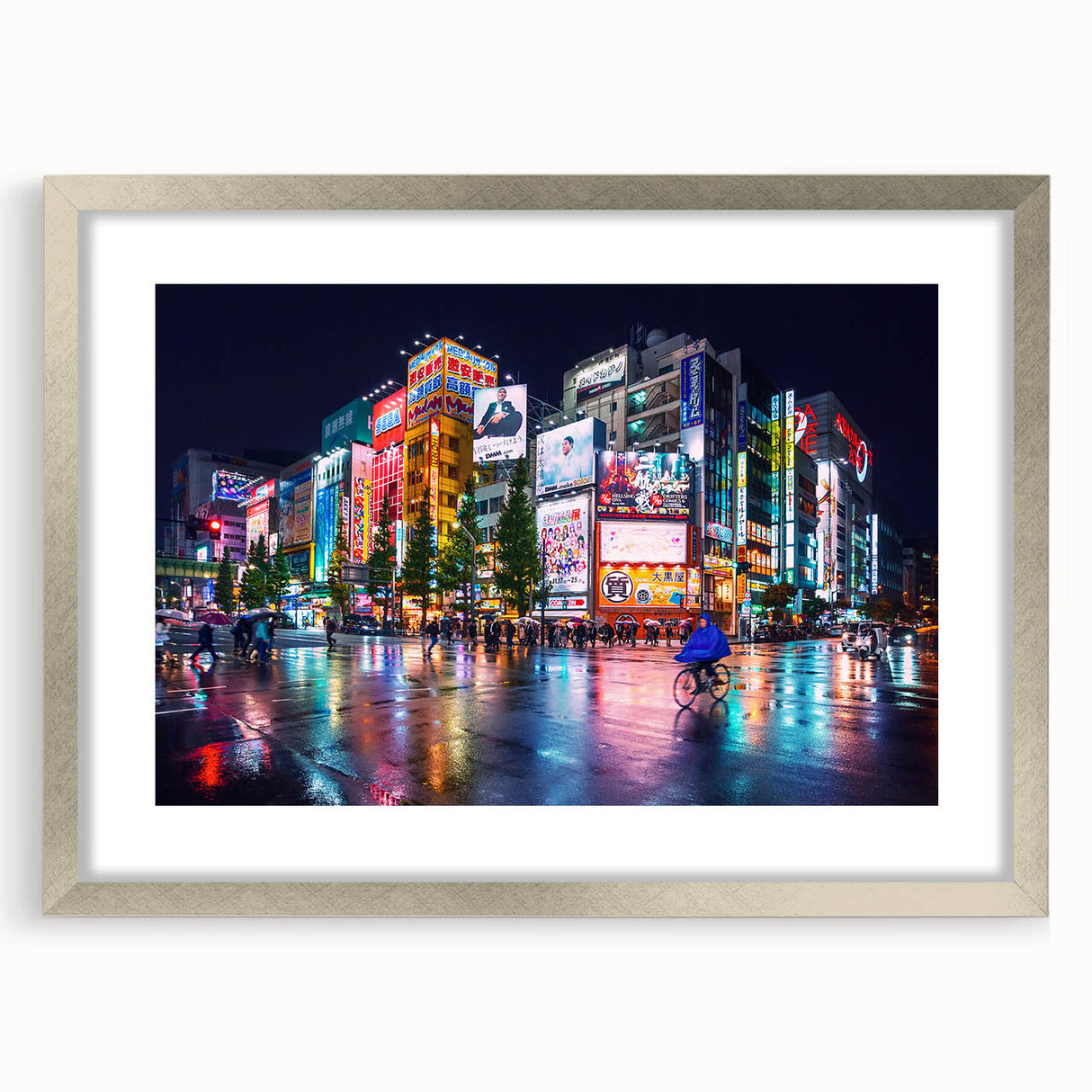 Textured abstract art print depicting a muted Tokyo cityscape, framed with a silver mat, ideal for modern bedroom ambiance.