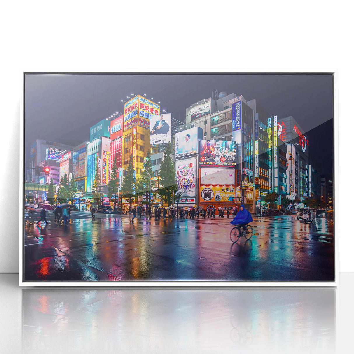 Acrylic print of Tokyo skyline in muted gray and blue tones, framed in white, suitable for modern art wall decor.
