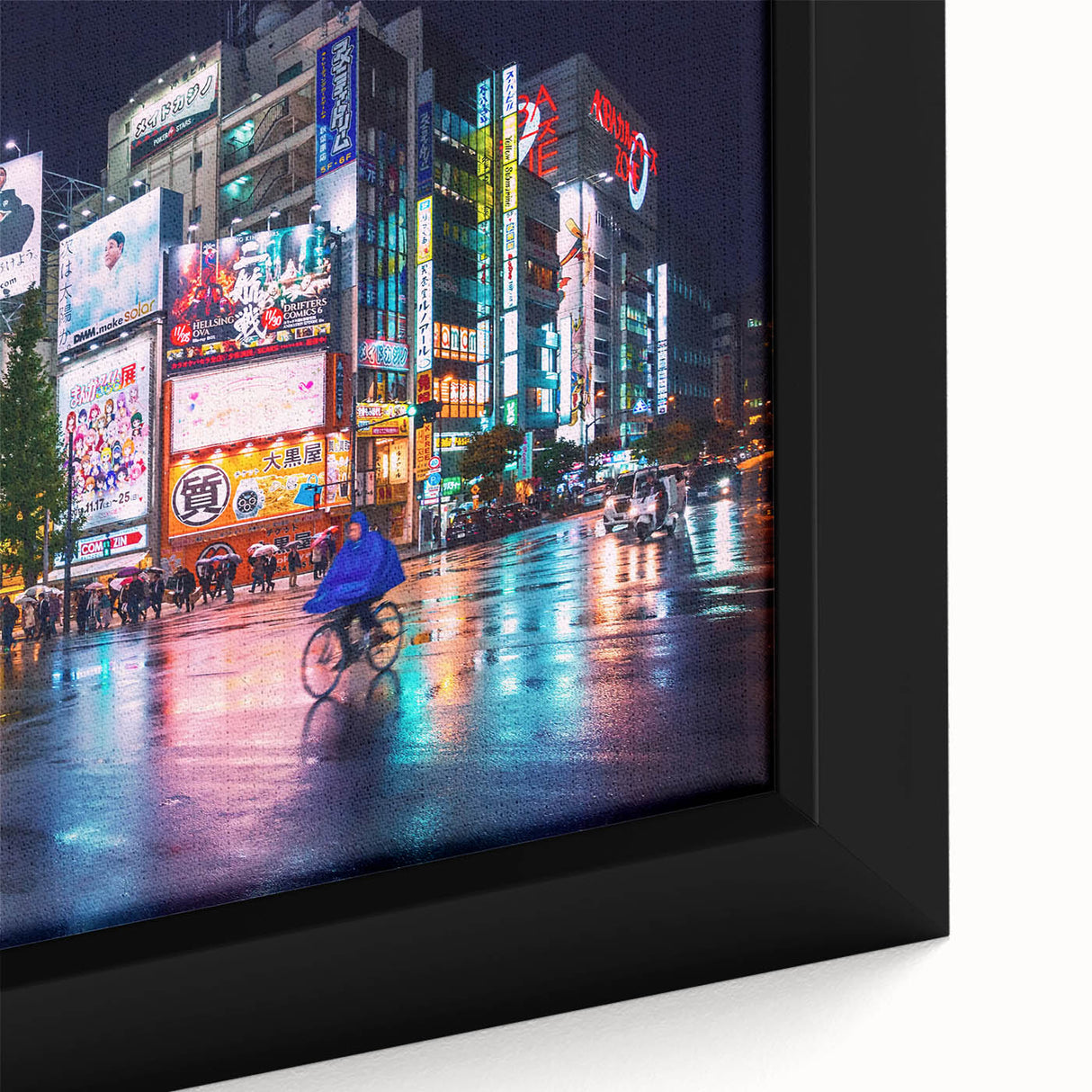 Black wall art featuring a textured close-up of Tokyo scenery in vibrant colors on a framed canvas.