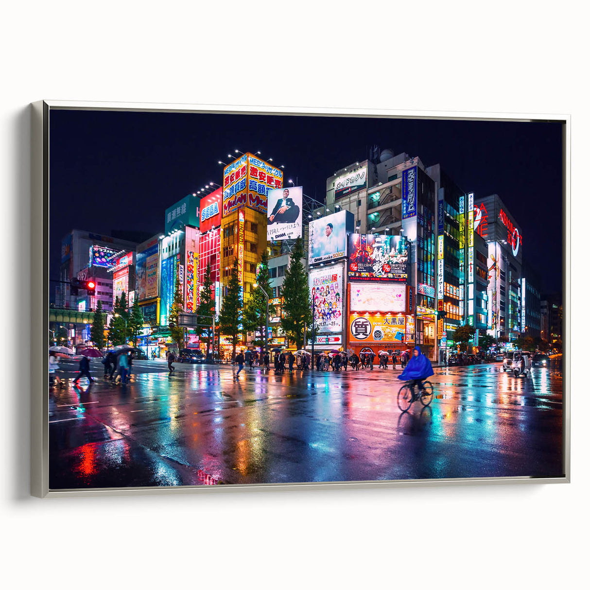 Framed canvas landscape art painting of Tokyo with silver frame, featuring a colorful, vintage poster style.