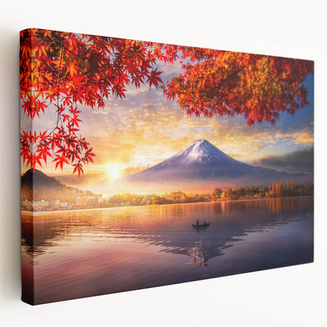 Large art depicting a serene Japanese landscape in muted green and blue tones on stretched canvas.