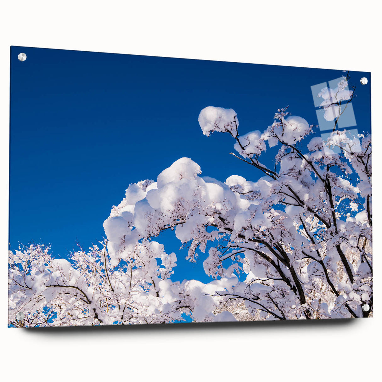 Acrylic glass print of a large abstract design featuring muted shades of blue and gray.