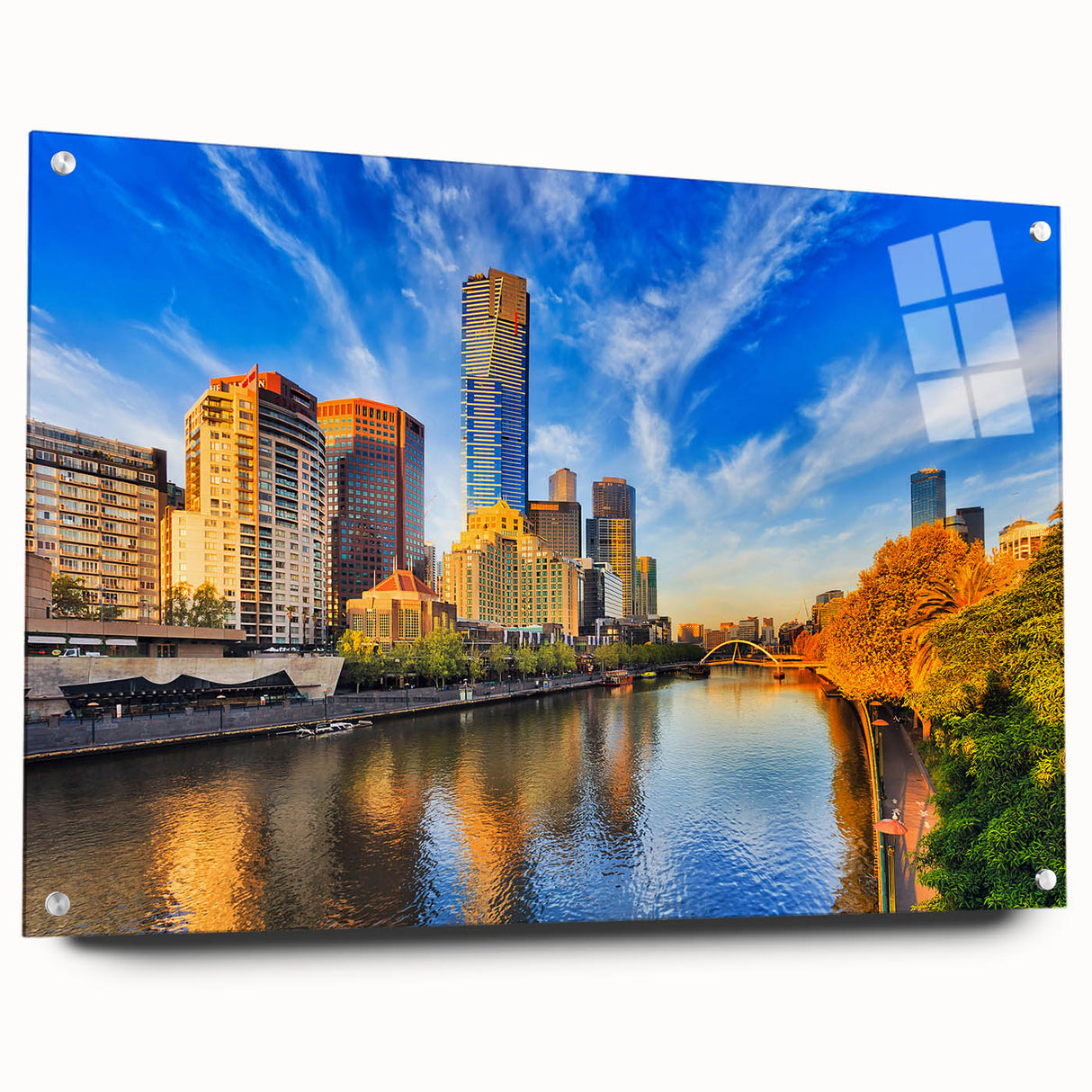 Abstract Melbourne skyline in muted shades of blue and gray on acrylic glass, suitable for bedroom or dining room decor.