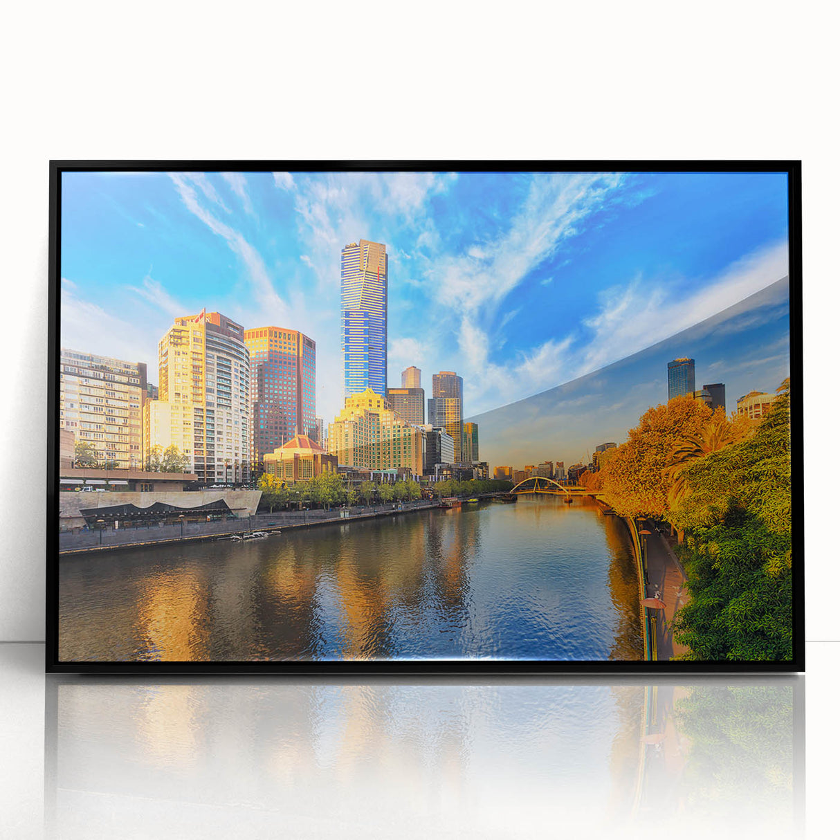 Large abstract wall art depicting the Melbourne skyline in muted gray tones on a framed acrylic.