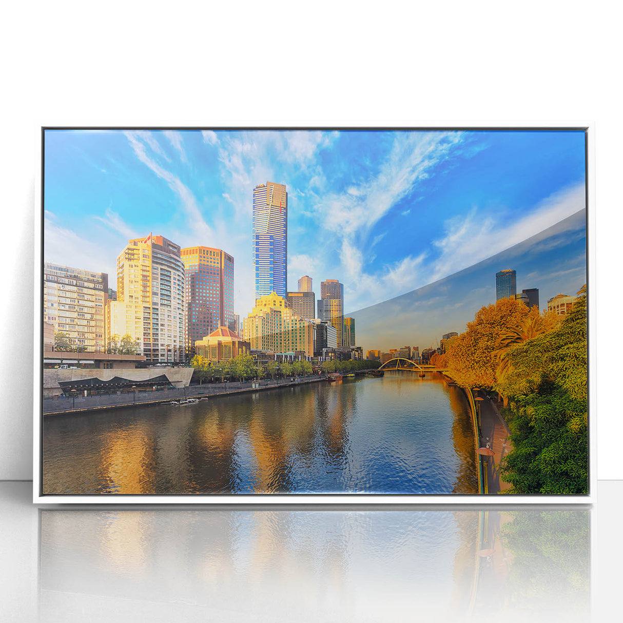 Mid-century modernist Melbourne skyline depicted in muted colors on a framed acrylic print, ideal for modern art wall decor.