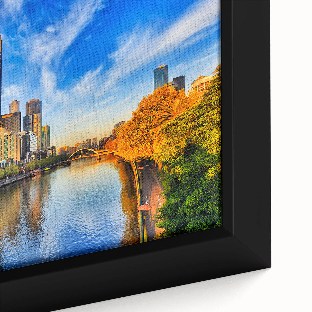 Black wall art featuring a textured Melbourne cityscape with colorful accents on a framed canvas.