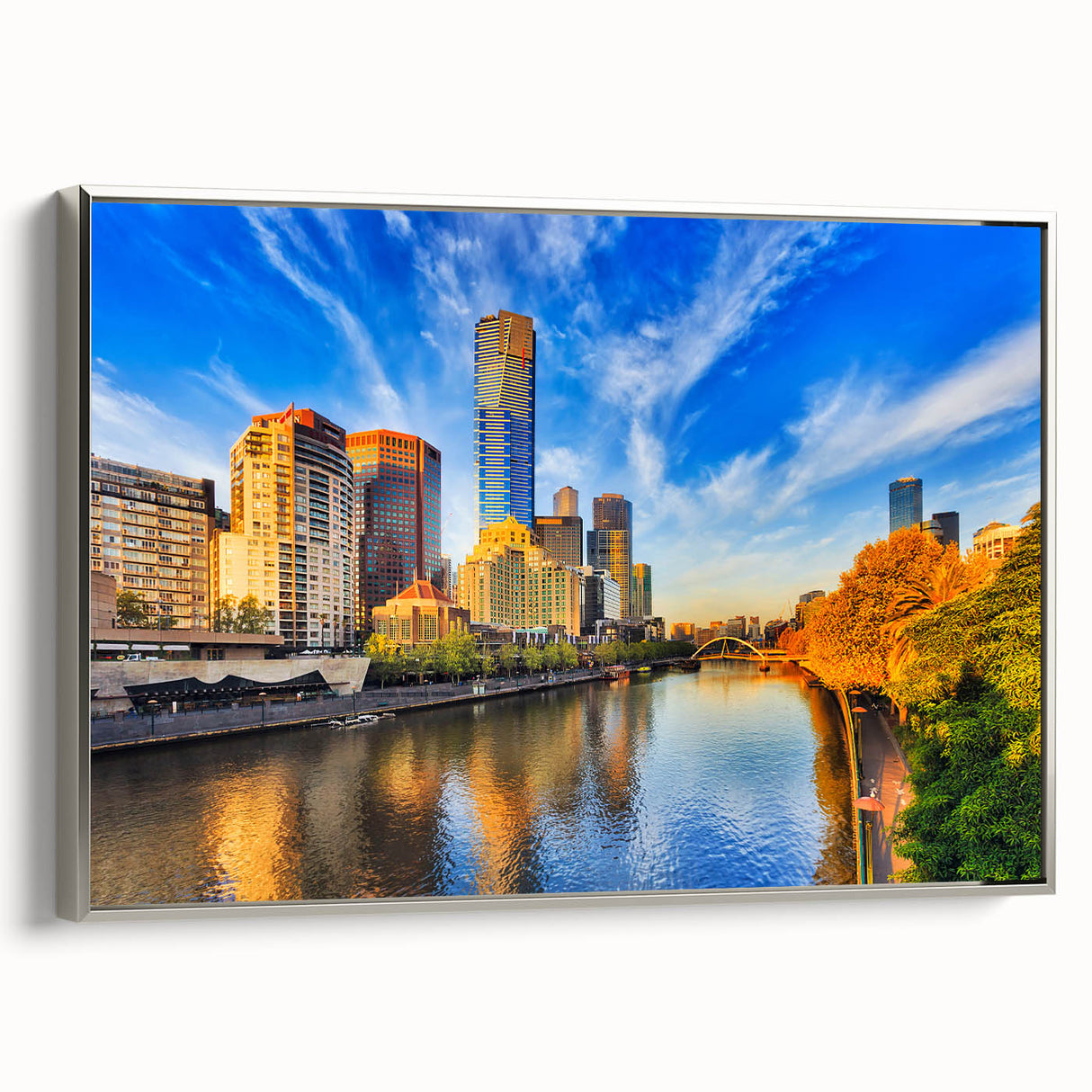 Vintage poster art of Melbourne scenery in colorful tones on extra large framed canvas, suitable for living room decor.