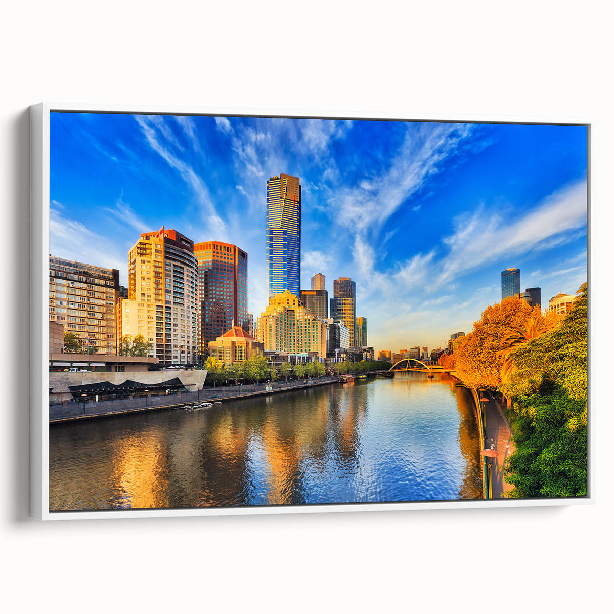 Framed canvas depicting a black and white vintage poster of the Melbourne skyline, suitable for bedroom wall art.