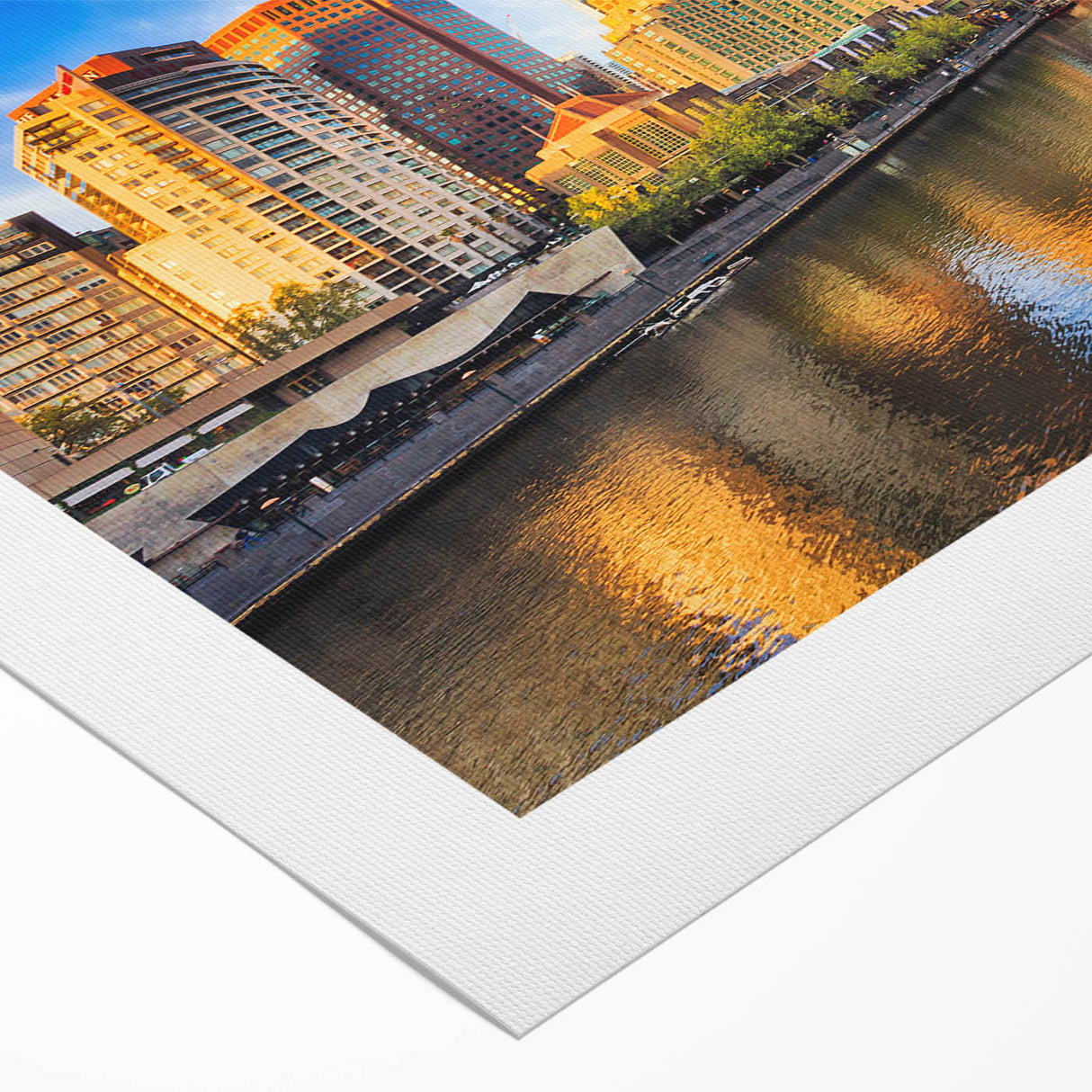 Art deco poster of Melbourne skyline in muted blue tones on rolled canvas, suitable for dining room wall art.