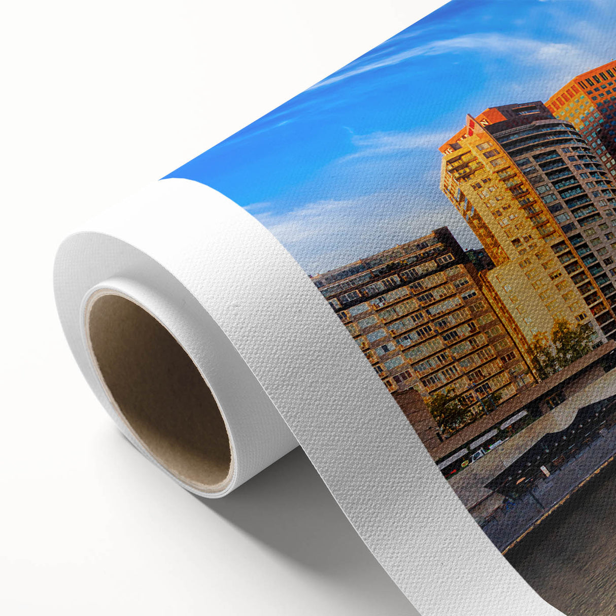 Art deco poster of Melbourne skyline in pastel shades on rolled canvas, ideal for nursery wall art.