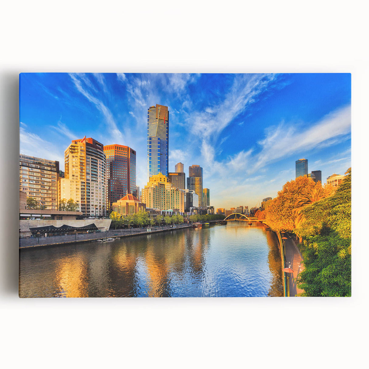 Black and white stretched canvas of Melbourne skyline, ideal for kitchen wall art.