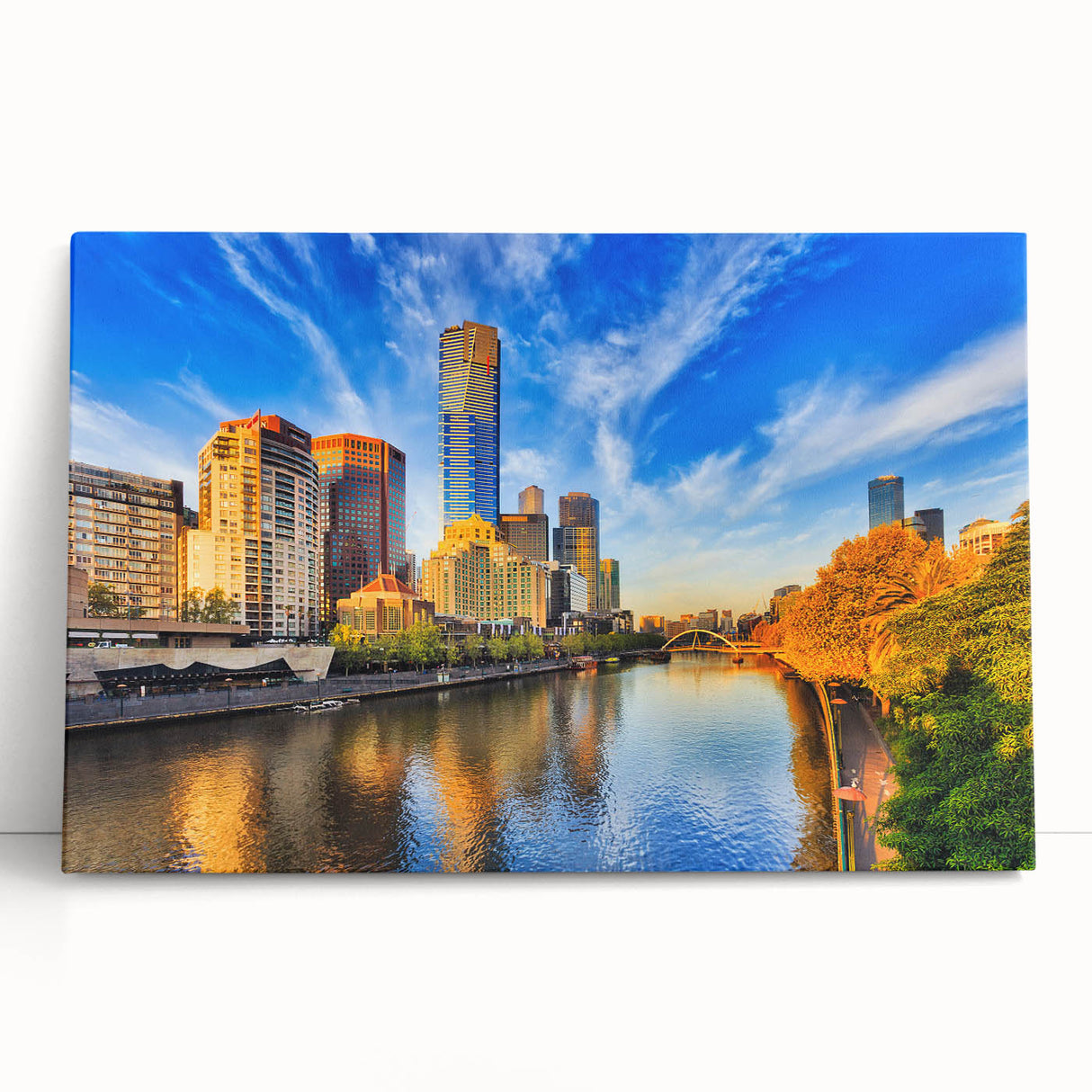 Black and white large art print of Melbourne skyline on stretched canvas, ideal for kitchen wall art or bedroom ambiance.
