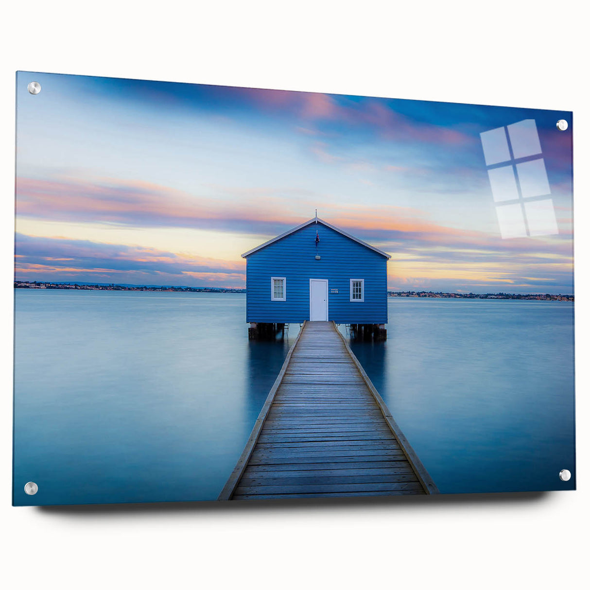 Large abstract depiction of Perth, Australia in muted blue and green shades on acrylic glass.