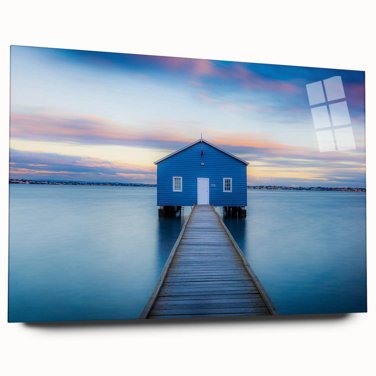 Large abstract wall art of Perth scenery in muted blue and green tones on acrylic glass.