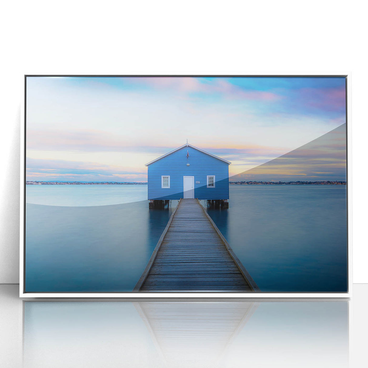 Large art print of Perth, Australia in mid-century modernist style on white framed acrylic, featuring muted earth tones.