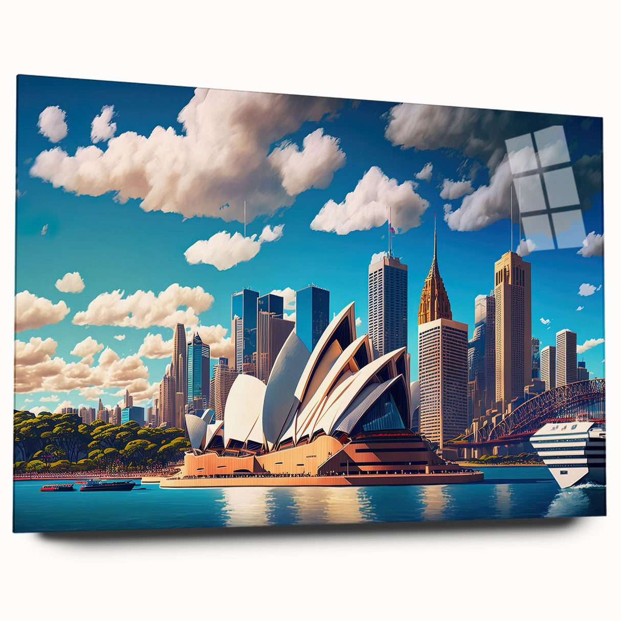 Large abstract depiction of Sydney skyline in muted blue and gray tones on acrylic glass.