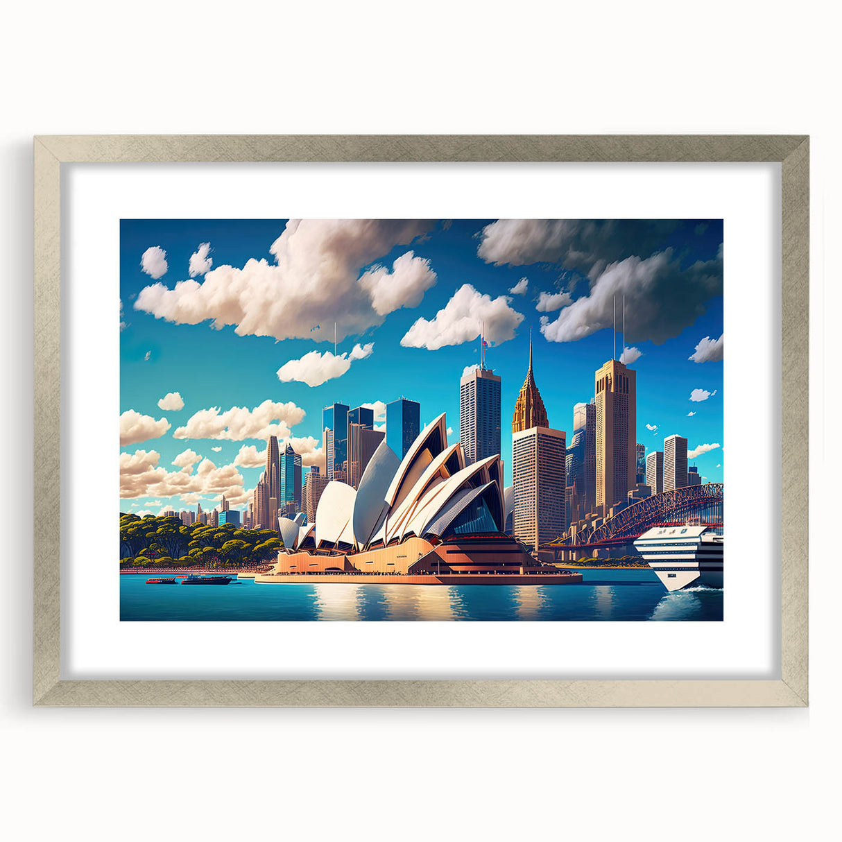 Abstract art print of Sydney skyline in muted blue and grey tones on a framed canvas, ideal for dining room decor.