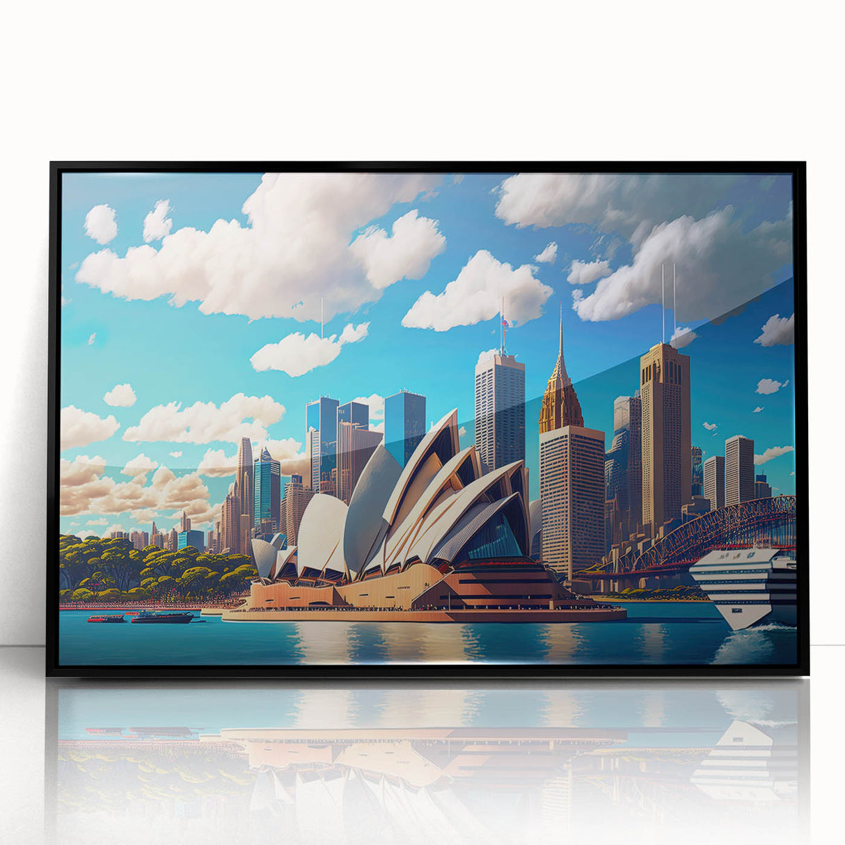 Large abstract wall art depicting the Sydney skyline in muted blue tones on a framed acrylic.