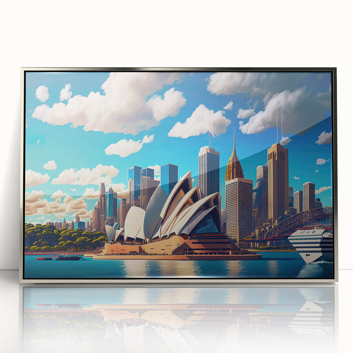 Mid-century modernist style large art print of Sydney skyline in muted blue tones, framed in silver acrylic.