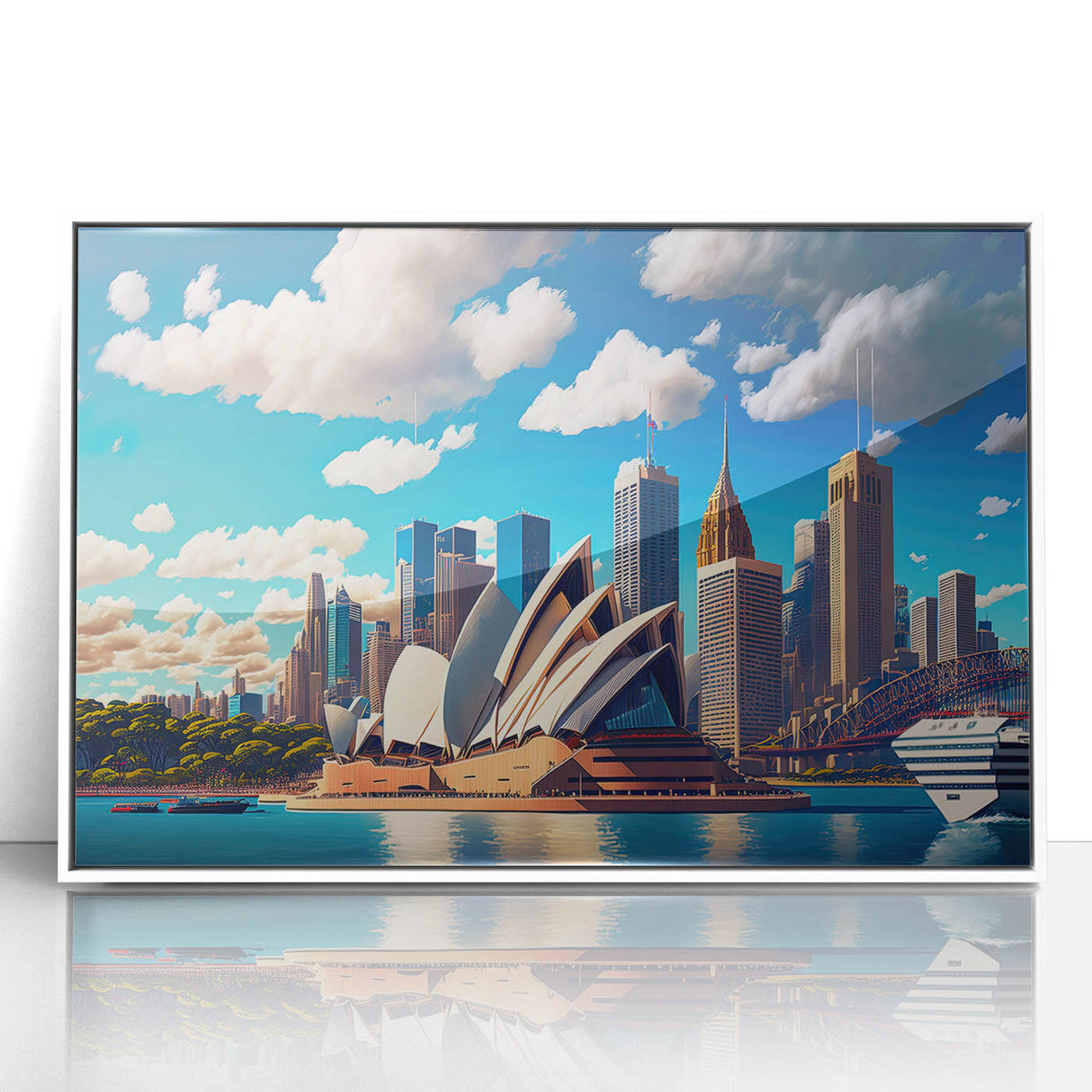 Mid-century modernist art depicting Sydney skyline in muted blue tones on a framed acrylic, ideal for nursery wall decor.