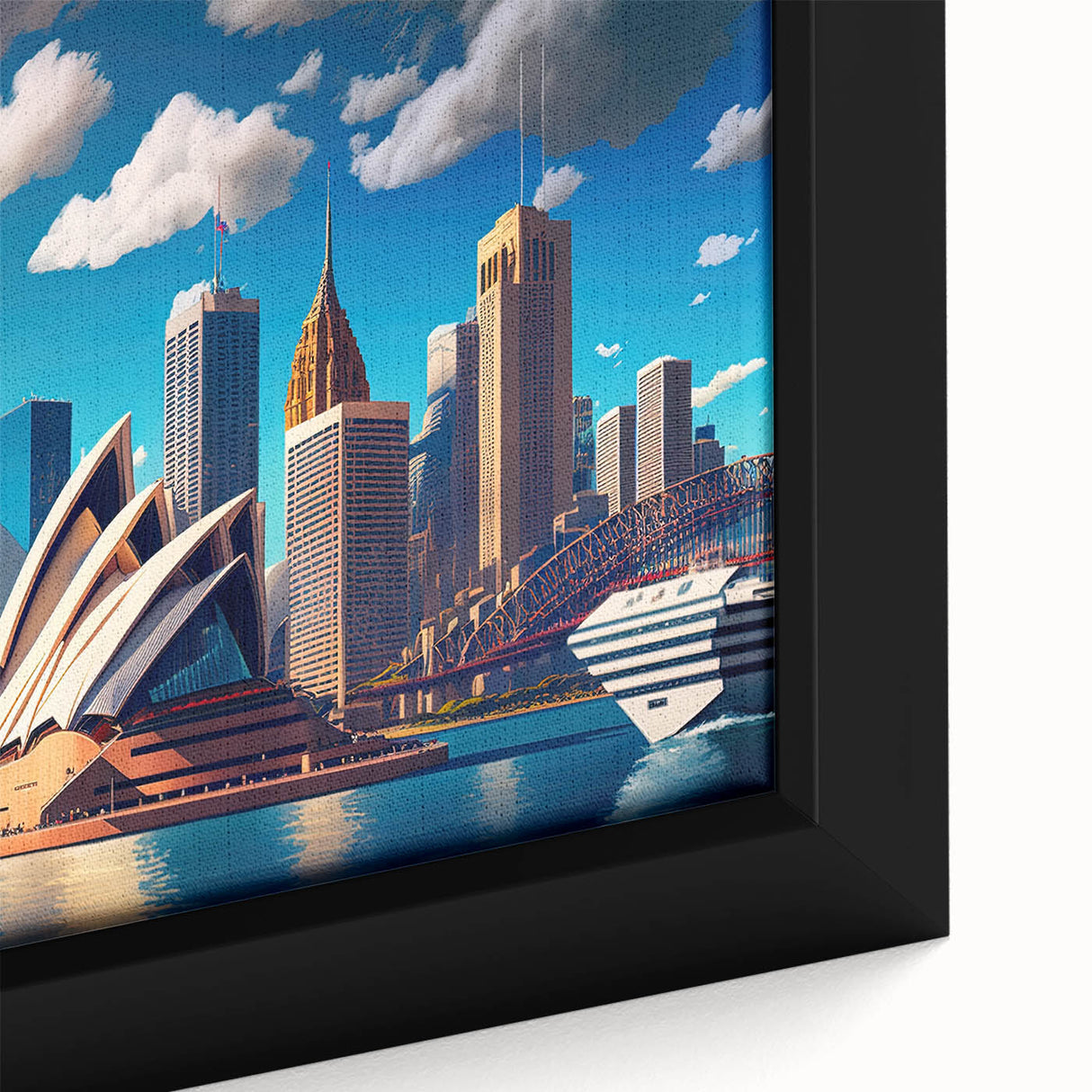 Extra large black wall art of Sydney scenery on framed canvas, featuring vibrant color textures, ideal for living room decor.
