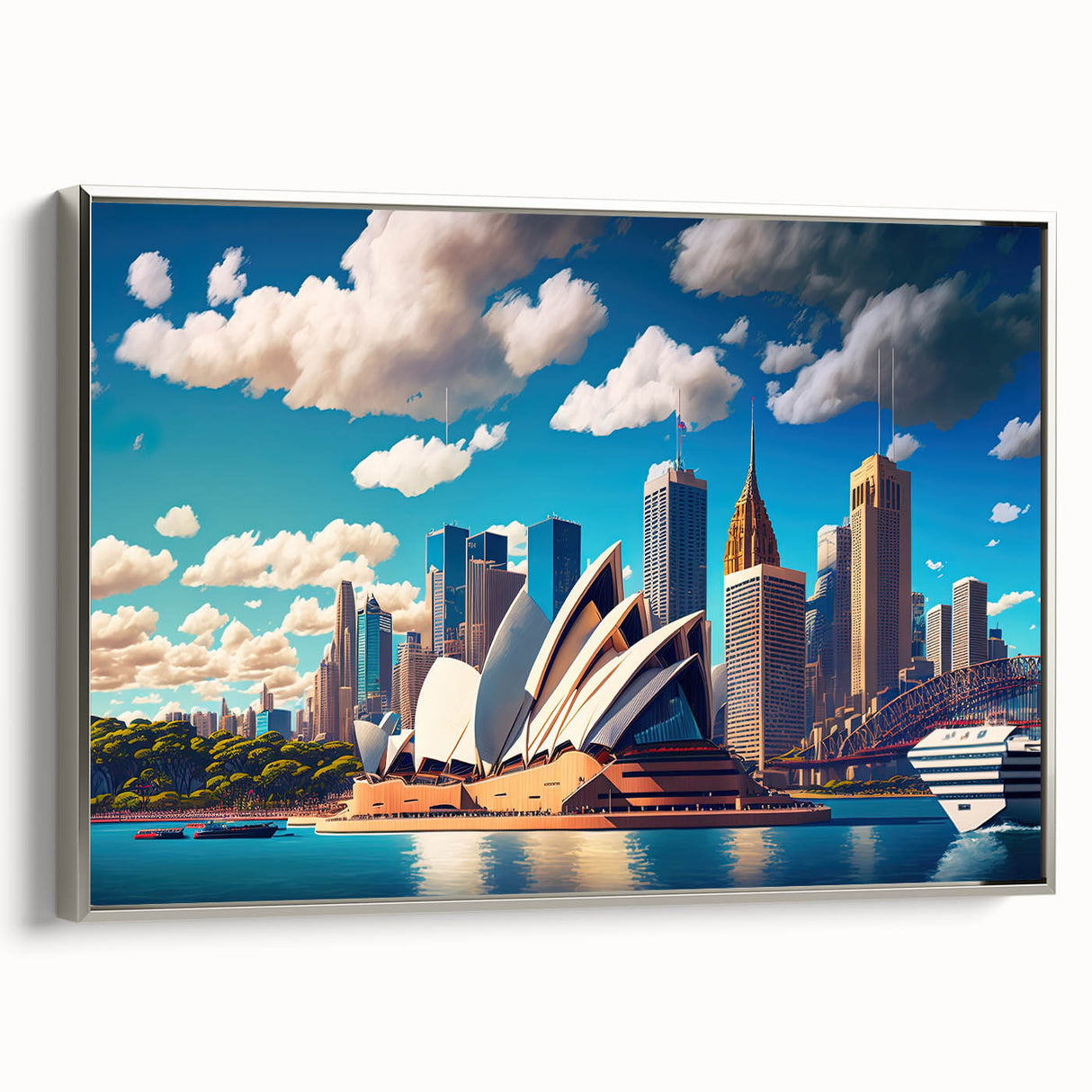 Silver-framed canvas depicting vintage-style Sydney landscape in black and white tones, ideal for bedroom wall art.