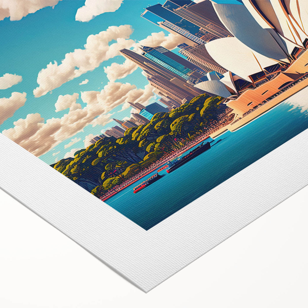 Art deco poster of Sydney skyline in monochrome shades on rolled canvas, suitable for dining room wall.