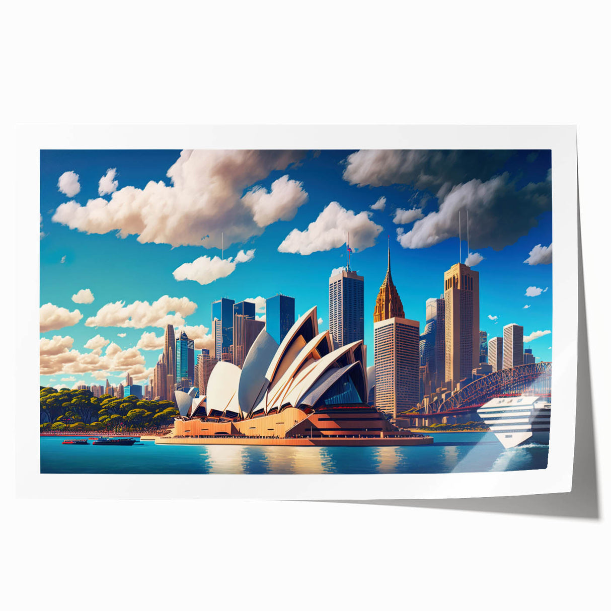 Sydney skyline in muted blue tones on a rolled canvas, suitable for dining room wall art.