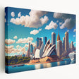 Sydney skyline at sunset depicted in warm orange and pink hues on a large stretched canvas, ideal for kitchen wall art.