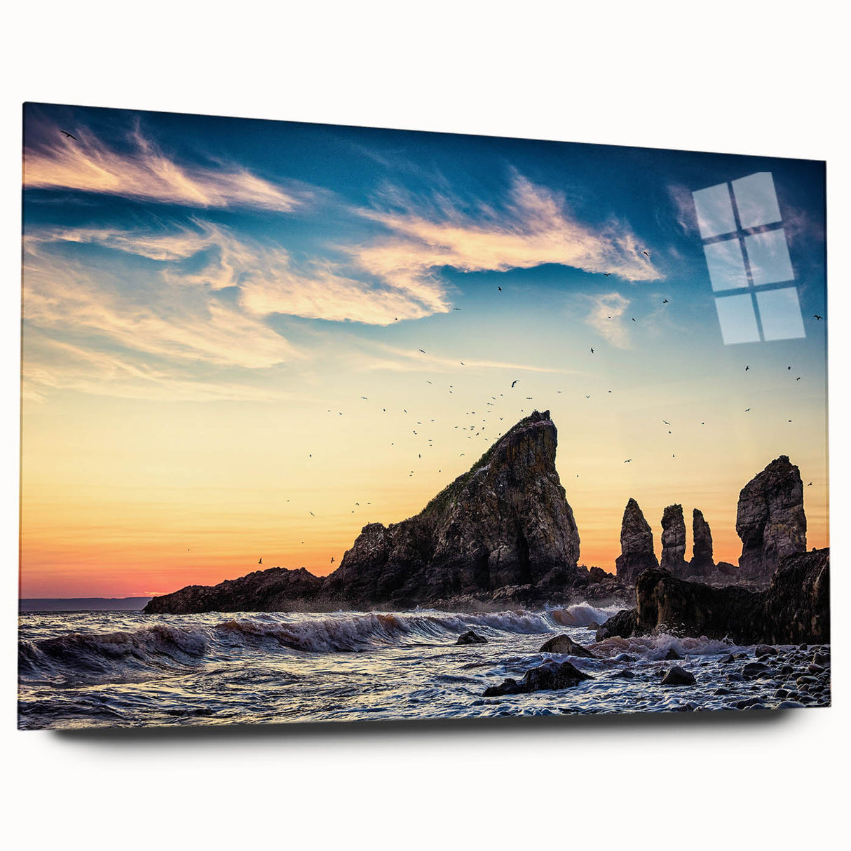 Large abstract acrylic print of a Nova Scotia scenery in muted blue and green tones, ideal for bedroom or dining room art.