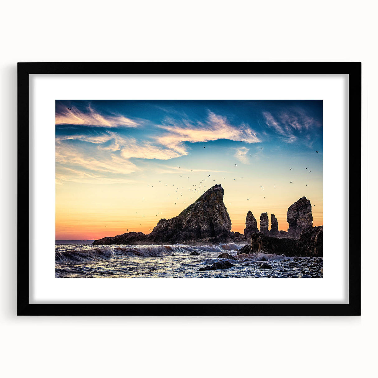 Abstract art print of a vibrant Nova Scotia scenery on a large, textured canvas with a black frame.