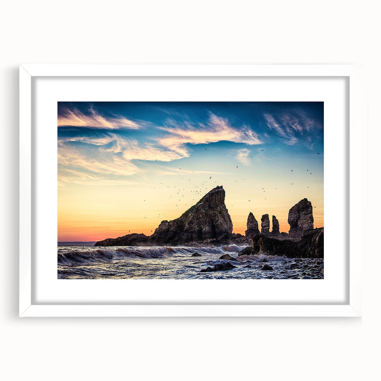 Abstract art print of Nova Scotia scenery in muted blue and green tones, framed with a white mat.