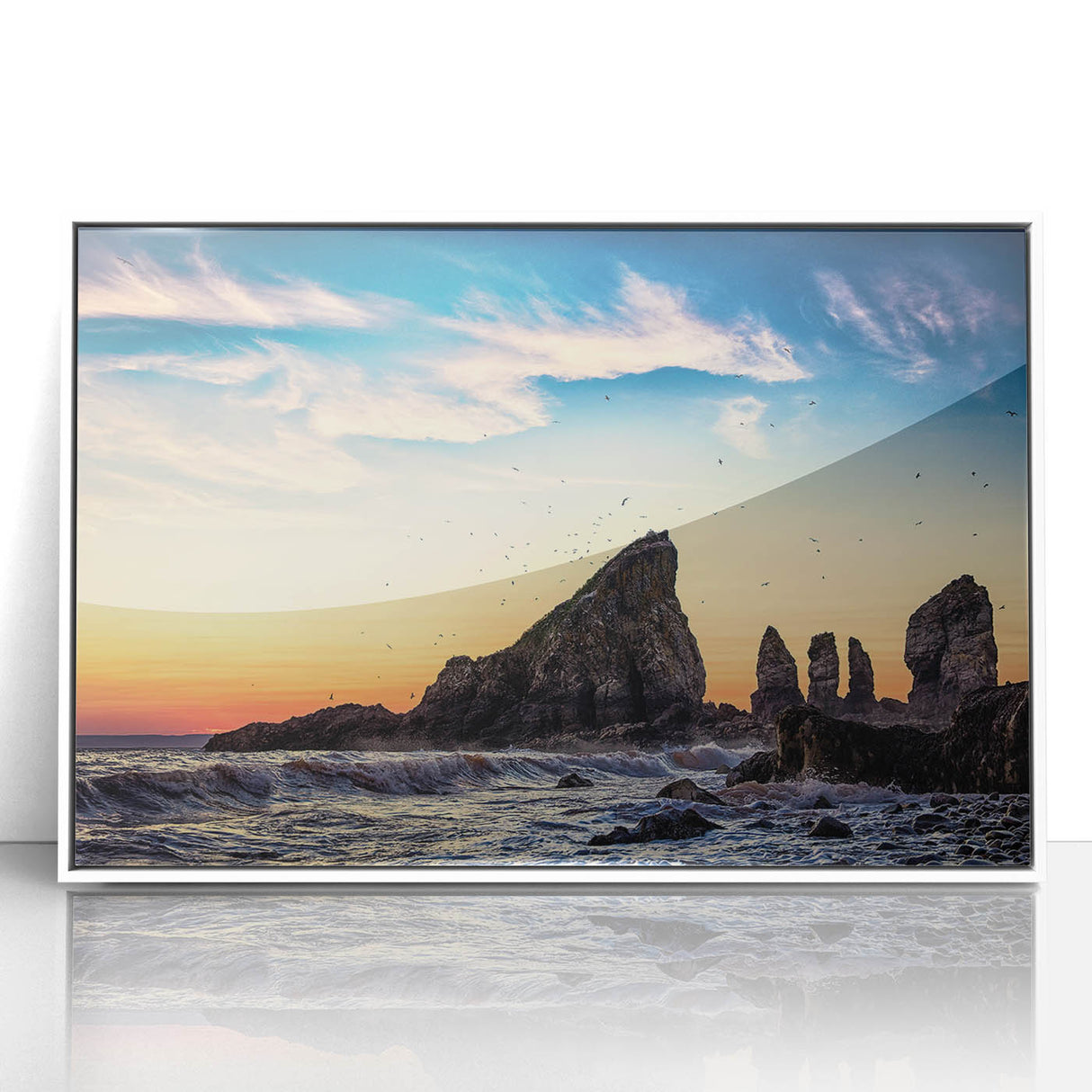 Acrylic print of Nova Scotia scenery framed in white, featuring muted blue and green tones, ideal for modern art wall decor.