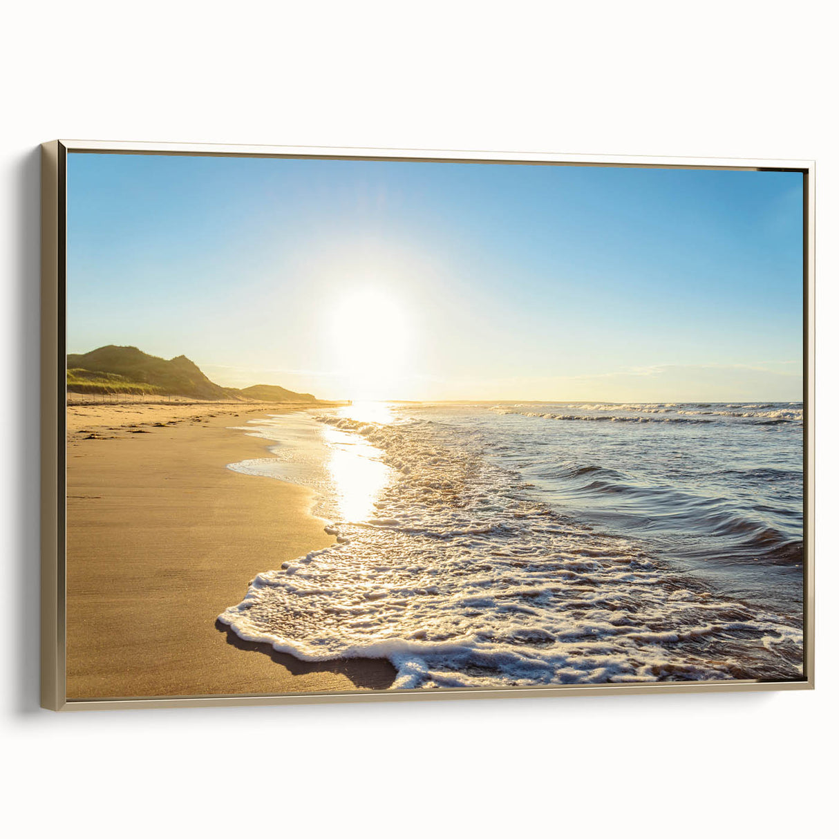Framed canvas of Prince Edward Island landscape in muted earth tones, ideal for bedroom wall art.