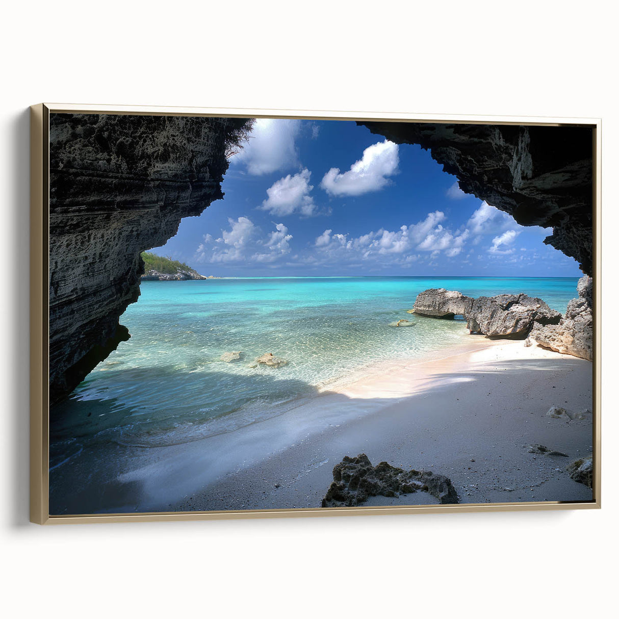 Framed canvas featuring a vintage-style Caribbean landscape with lush greenery and ocean views, set in a gold frame.