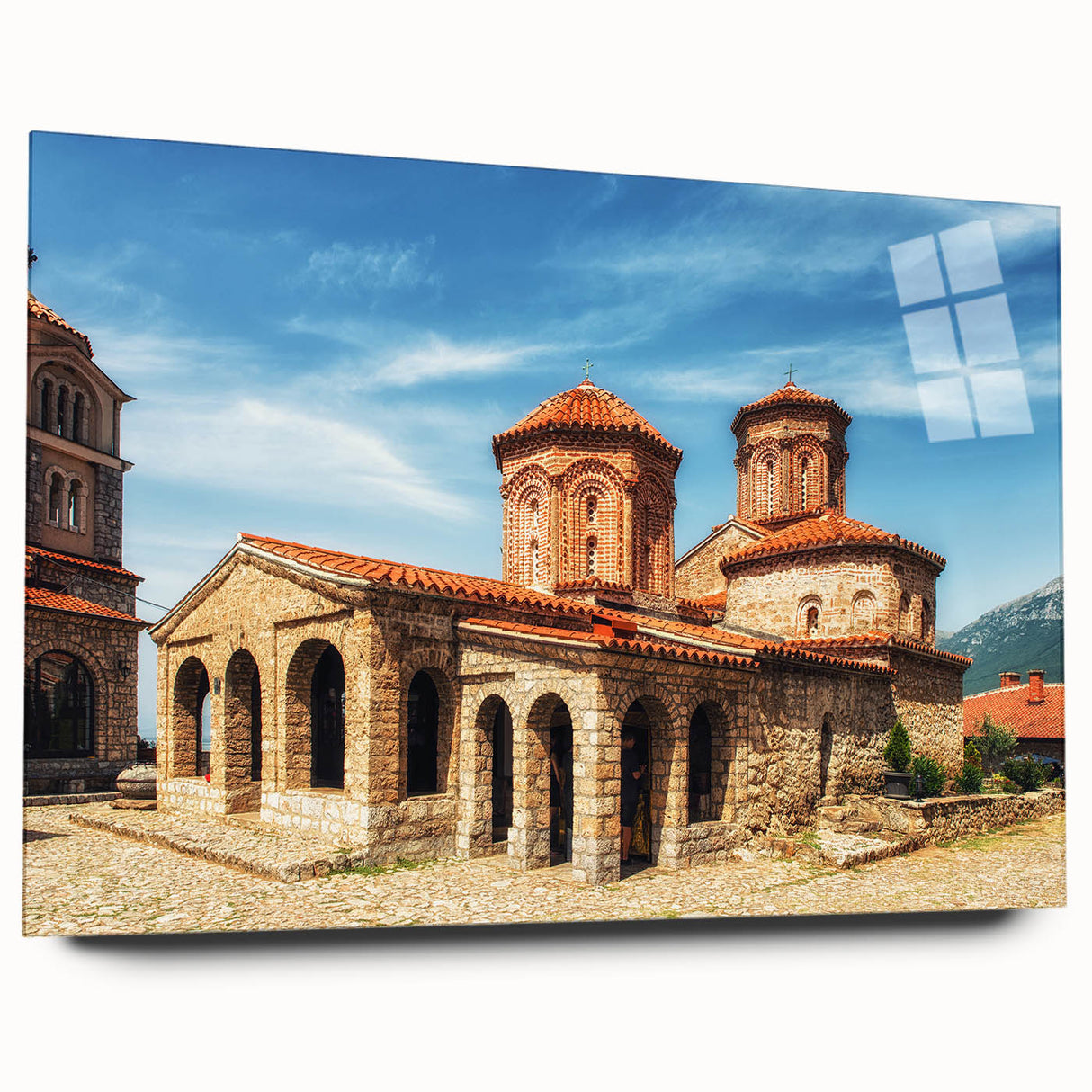 Large abstract wall art of Albanian scenery in muted earth tones on acrylic glass, ideal for bedroom or dining room decor.