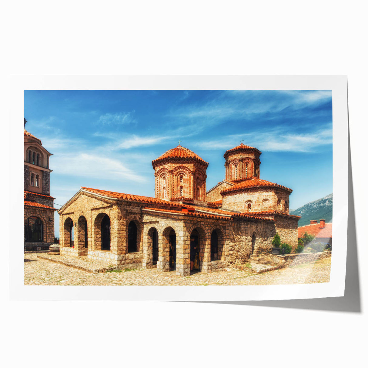 Extra large rolled print of a European landscape with vibrant green and blue tones, suitable as art wall dining room.