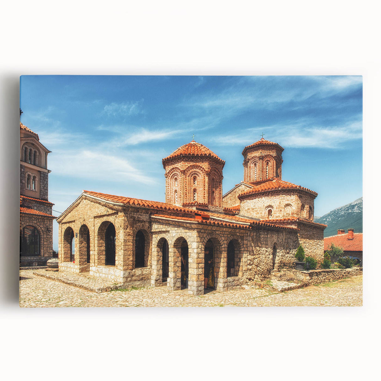 Black and white large art print of a serene Albanian landscape on stretched canvas, ideal for kitchen wall art.