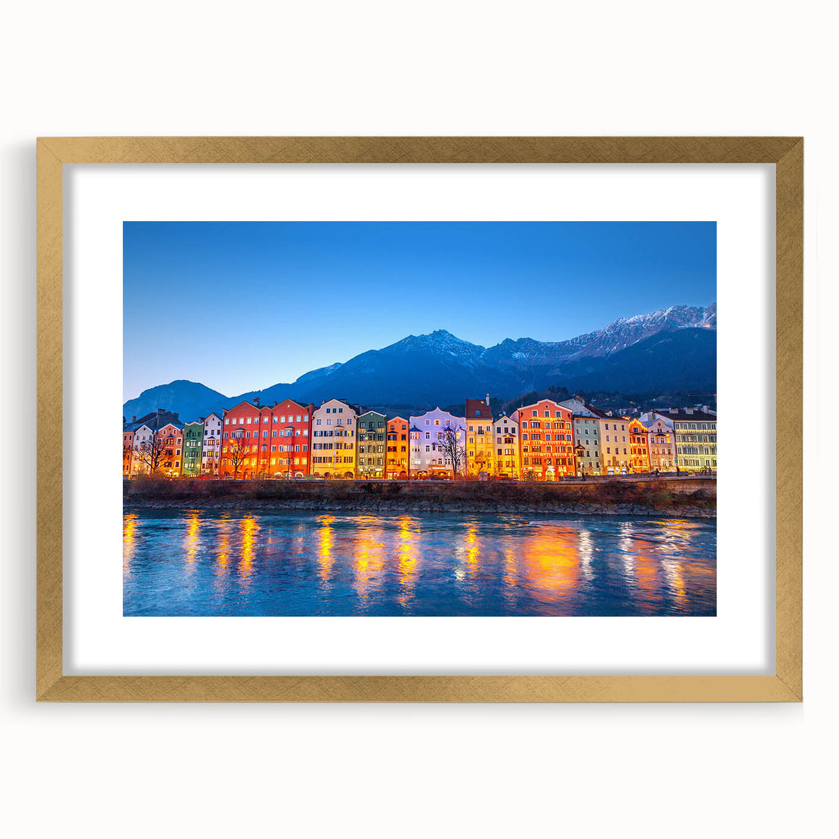 Abstract art print of a European landscape in muted blue and green tones on a framed canvas, suitable for dining room decor.