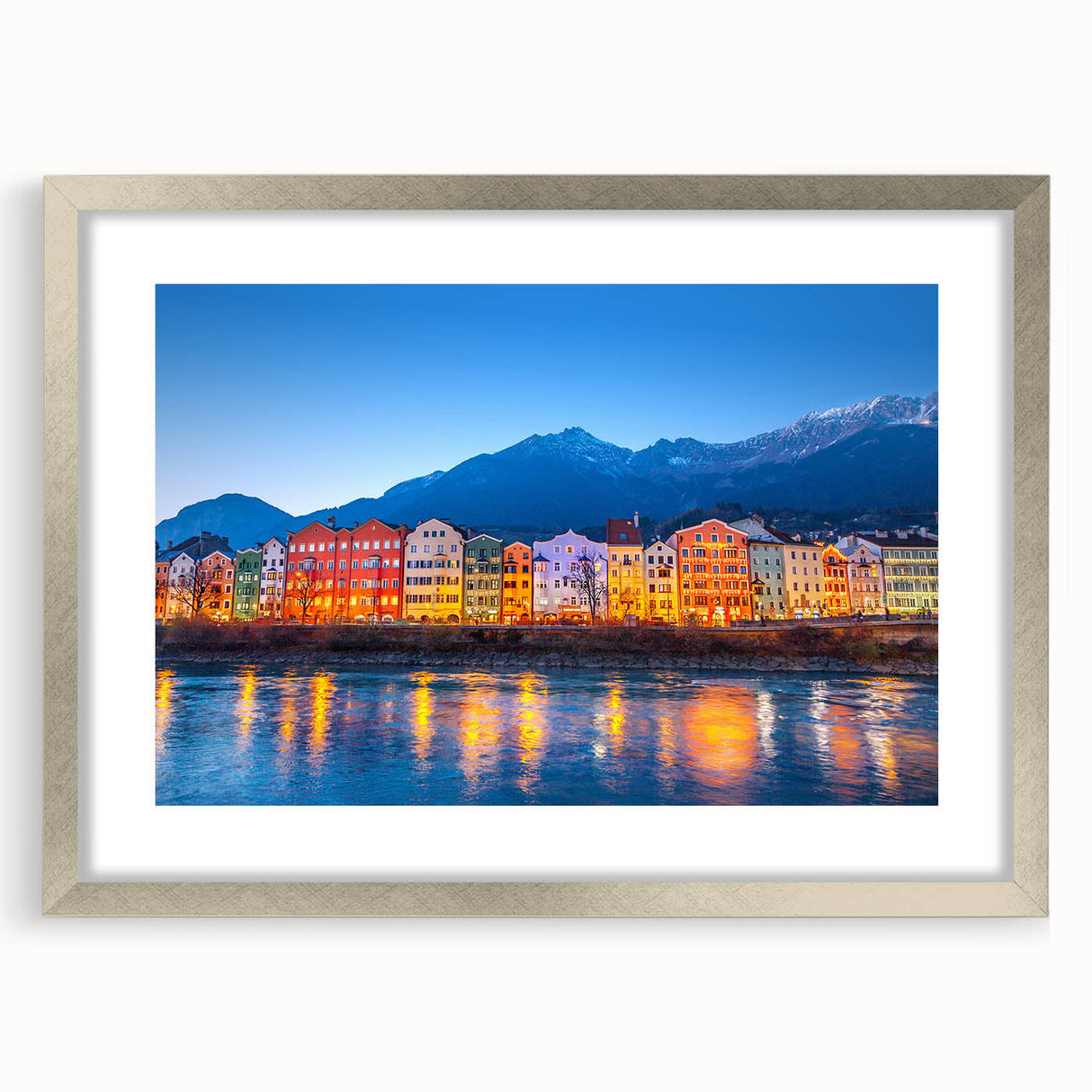 Extra large abstract art print featuring textured scenery of Austria in muted earth tones, framed in silver.