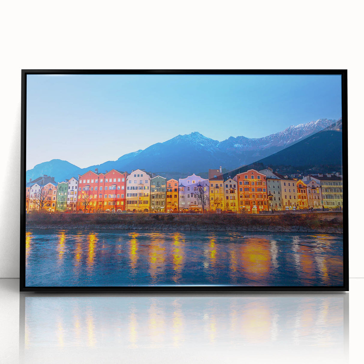 Large abstract wall art depicting a European Austrian landscape in muted earth tones, framed in black acrylic.