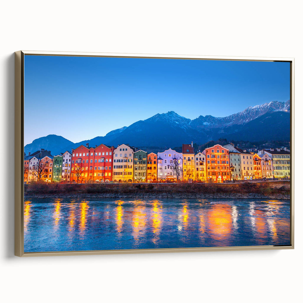 Framed canvas featuring a vintage-style landscape painting of an Austrian scenery, with muted earth tones.