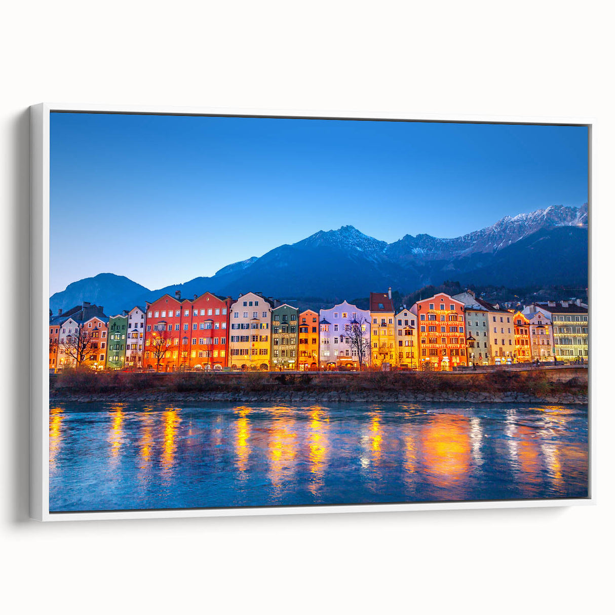 Vintage poster art of a European scenery on a framed canvas, ideal for living room decor.