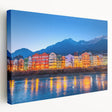 Large art print of a European Austrian landscape on stretched canvas, featuring muted green and blue tones.