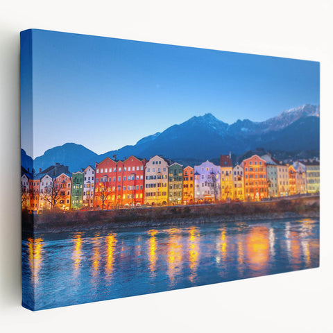 Large art print of a European Austrian landscape on stretched canvas, featuring muted green and blue tones.